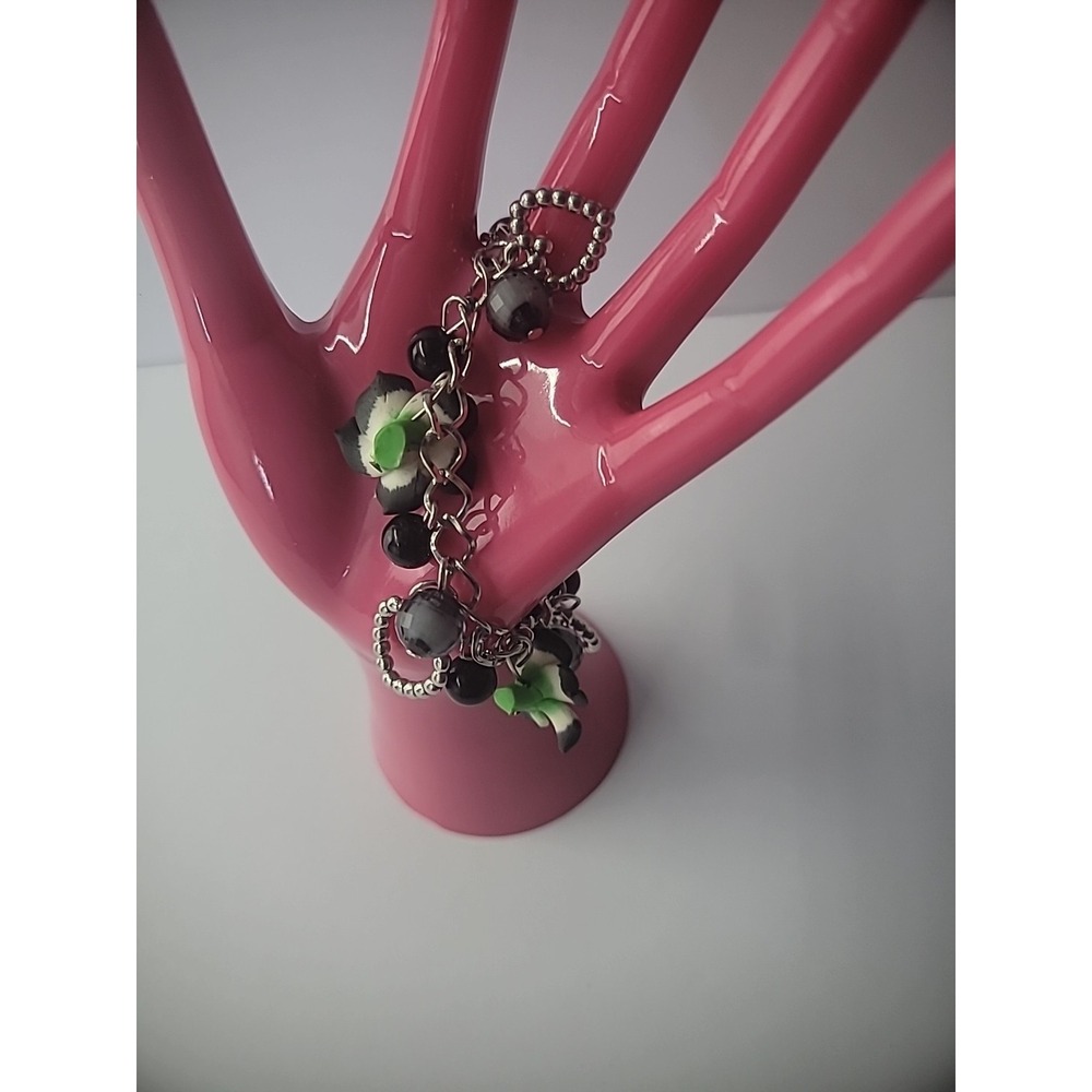 Vintage Bracelet Chain Drop Dangle Flowers Beaded Black Hearts Charm Jewelry - Picture 10 of 10